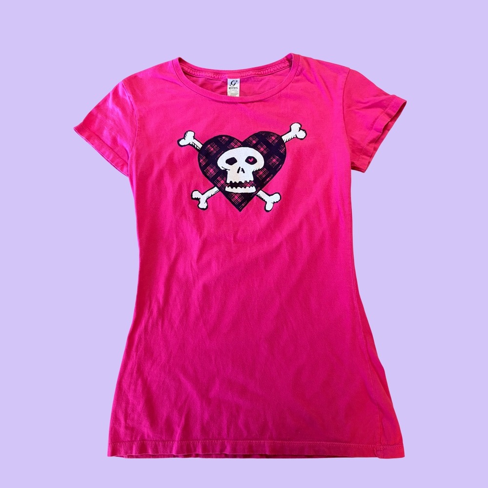 Y2K Rare Avril Lavigne Pink Skull Heart Graphic T-Shirt Pop Punk Scene #18